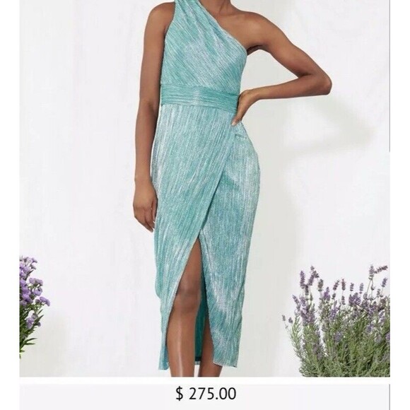 $275 SAYLOR Alorna One-Shoulder Metallic Green Midi Dress Stretch Women Medium - Picture 14 of 14